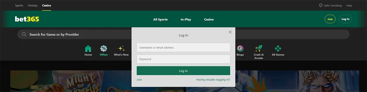 Bet365 casino login popup with username or email and password fields, a green “Log In” button, and links to join or get help with logging in, displayed over the Bet365 casino interface with navigation menus and game categories.