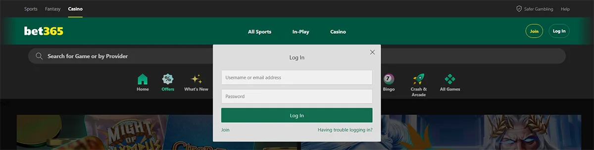 Bet365 casino login popup with username or email and password fields, a green “Log In” button, and links to join or get help with logging in, displayed over the Bet365 casino interface with navigation menus and game categories.
